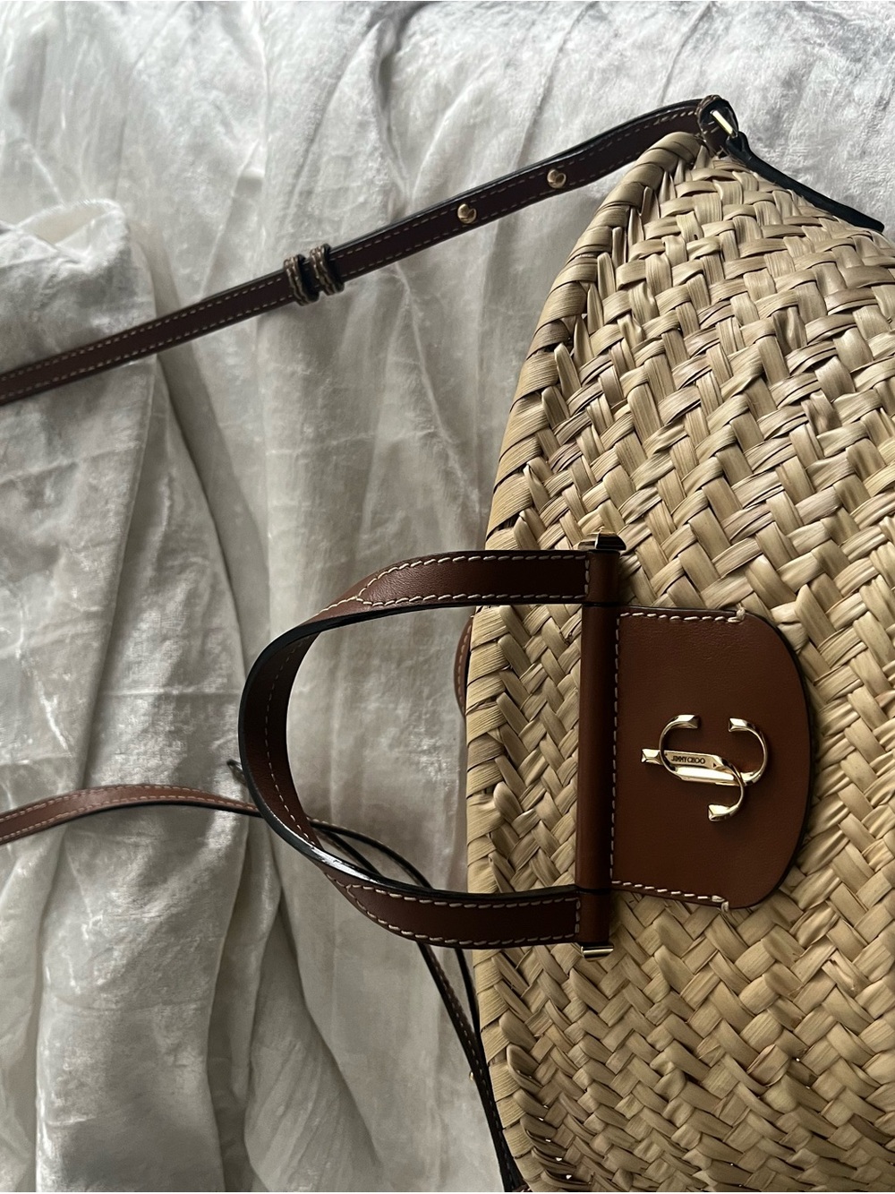 Jimmy Choo Brown Leather-Trim Natural Woven Tote - Picture 3 of 9